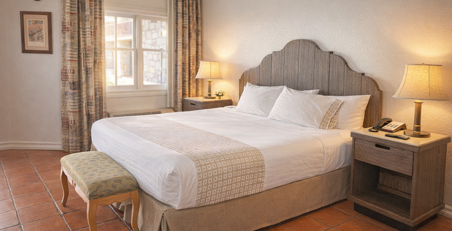 A cozy hotel room with a large bed, upholstered headboard, two nightstands with lamps, a bench, window with curtains, and terracotta tile floor.
