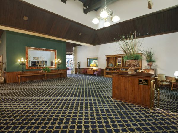 A spacious room with patterned carpet, wooden furnishings, wall art, and plants. Overhead lighting adds to the warm ambiance.