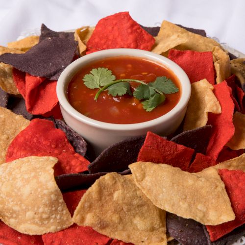 A plate of colorful tortilla chips surrounds a bowl of salsa garnished with cilantro, ready for dipping.