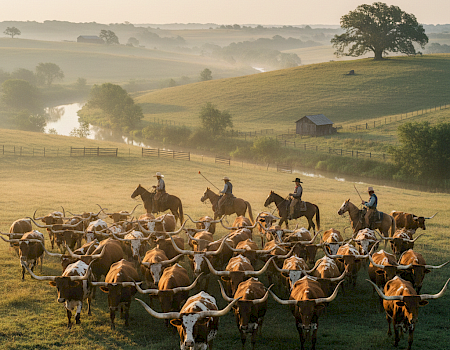 A herd of cattle with riders guiding them across a sunlit, rolling countryside; a small shed and a lone tree dot the horizon, mist in the distance.