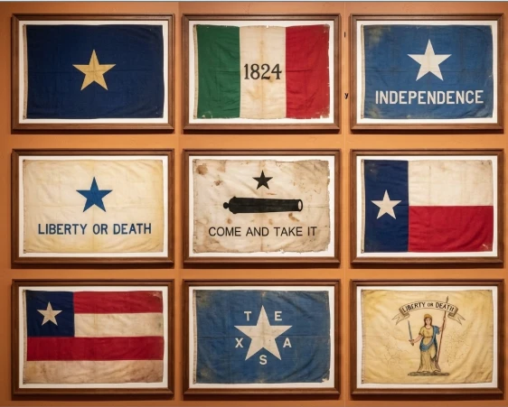 A grid of nine vintage flag panels, including stars and stripes motifs, with phrases like "Liberty or Death," "Independence," and "Come and Take It" on worn fabric, all framed.
