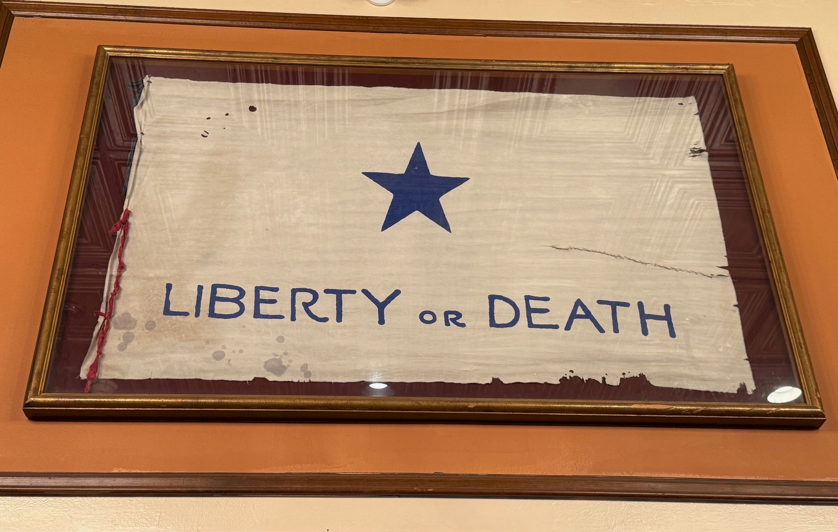 A framed flag with a blue star, the text &ldquo;LIBERTY or DEATH,&rdquo; and a weathered look hangs on an orange wall.