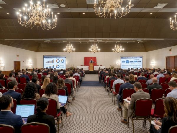 A formal conference hall with chandeliers, a speaker at a podium, and an audience seated before presentation screens.