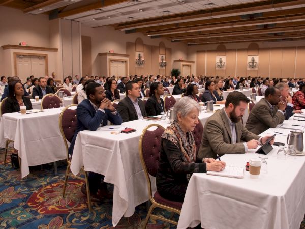 A packed meeting room where attendees sit at round tables listening and taking notes with pens and phones.