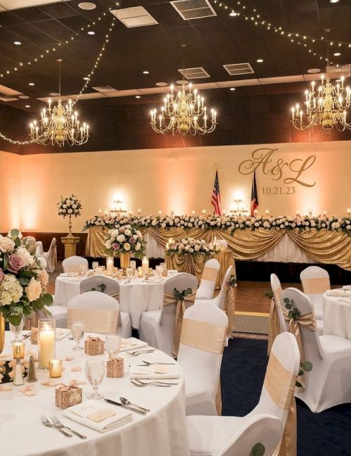 A wedding reception banquet with candlelit centerpieces, floral d&eacute;cor, gold drapes, and sparkling chandeliers in a ballroom.